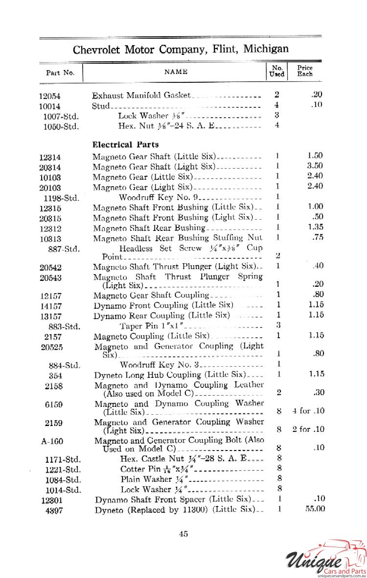 1912 Chevrolet Light and Little Six Parts Price List Page 17